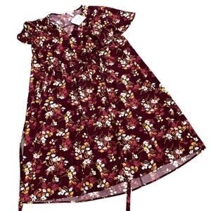 Isabel Maternity Floral Print Short Sleeve Woven Burgundy Dress - Small - NWT